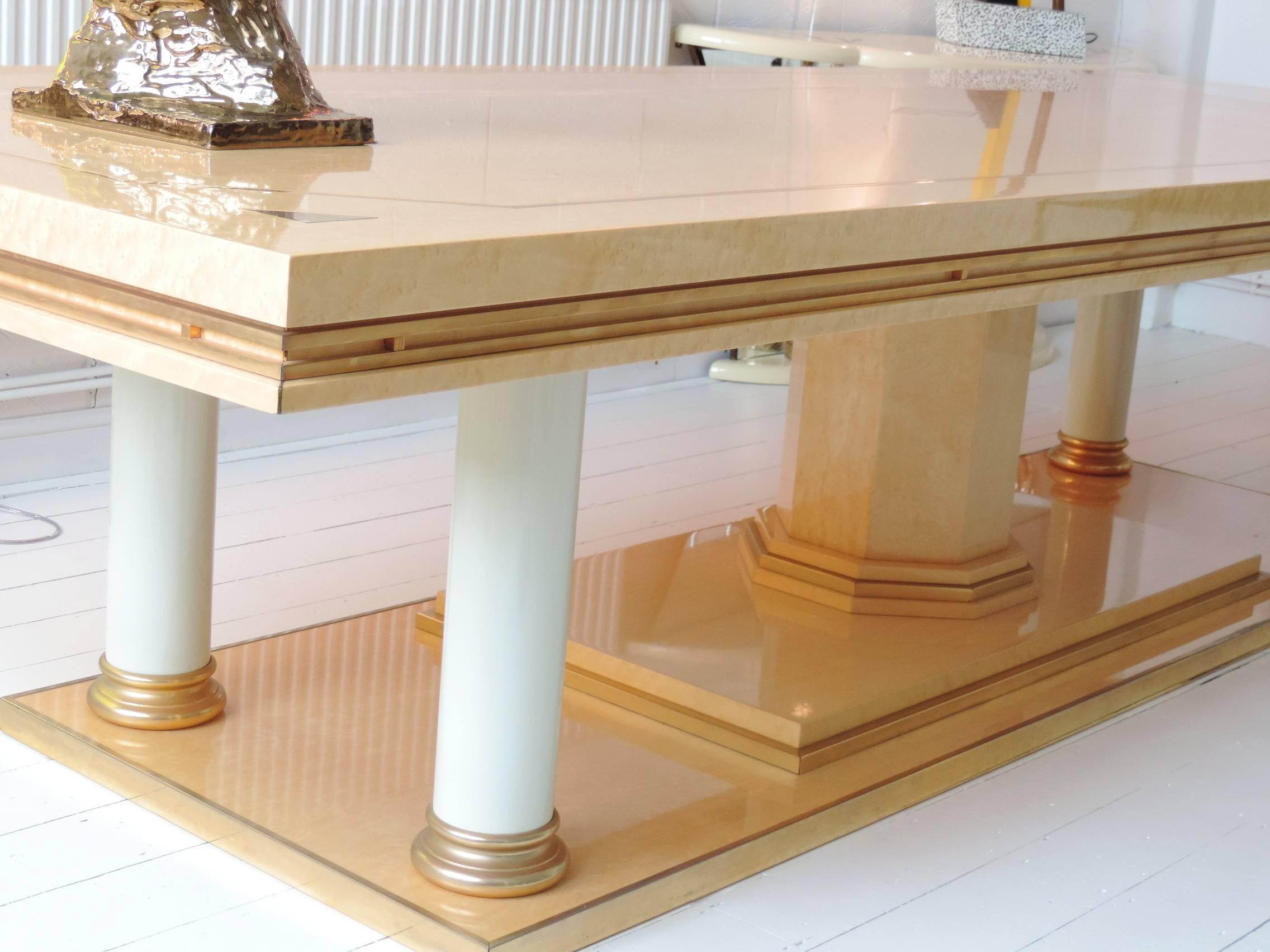 Turri Italian Bird's-Eye Maple Brass Gold-Plated Dining Table Hollywood Regency In Excellent Condition In London, GB