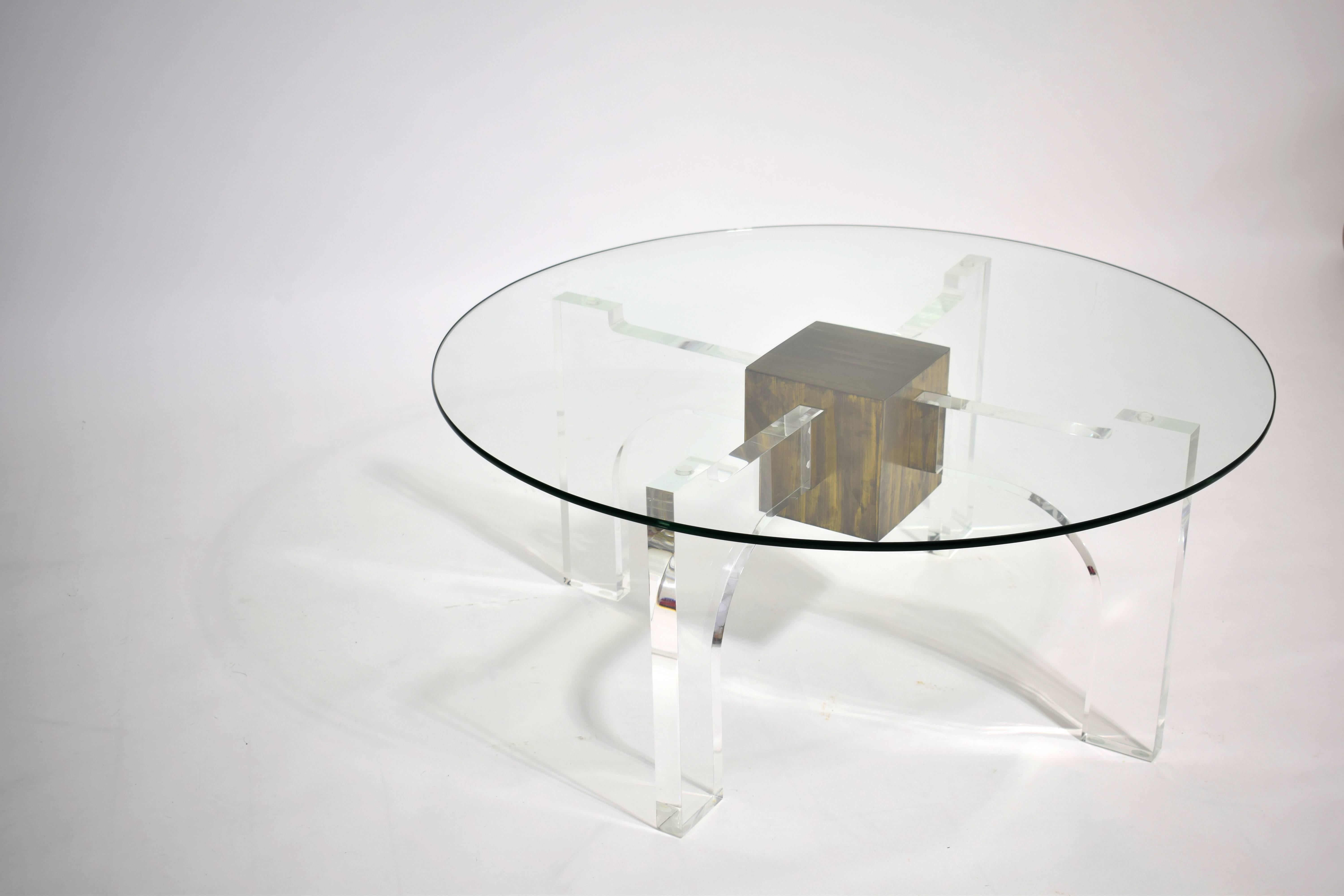 20th Century Mid century Hollywood Regency Lucite Brass and Glass Coffee or Cocktail Table