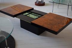 Italian Burl Walnut Coffee Cocktail Table with Mirrored Dry, Bar Mid Century