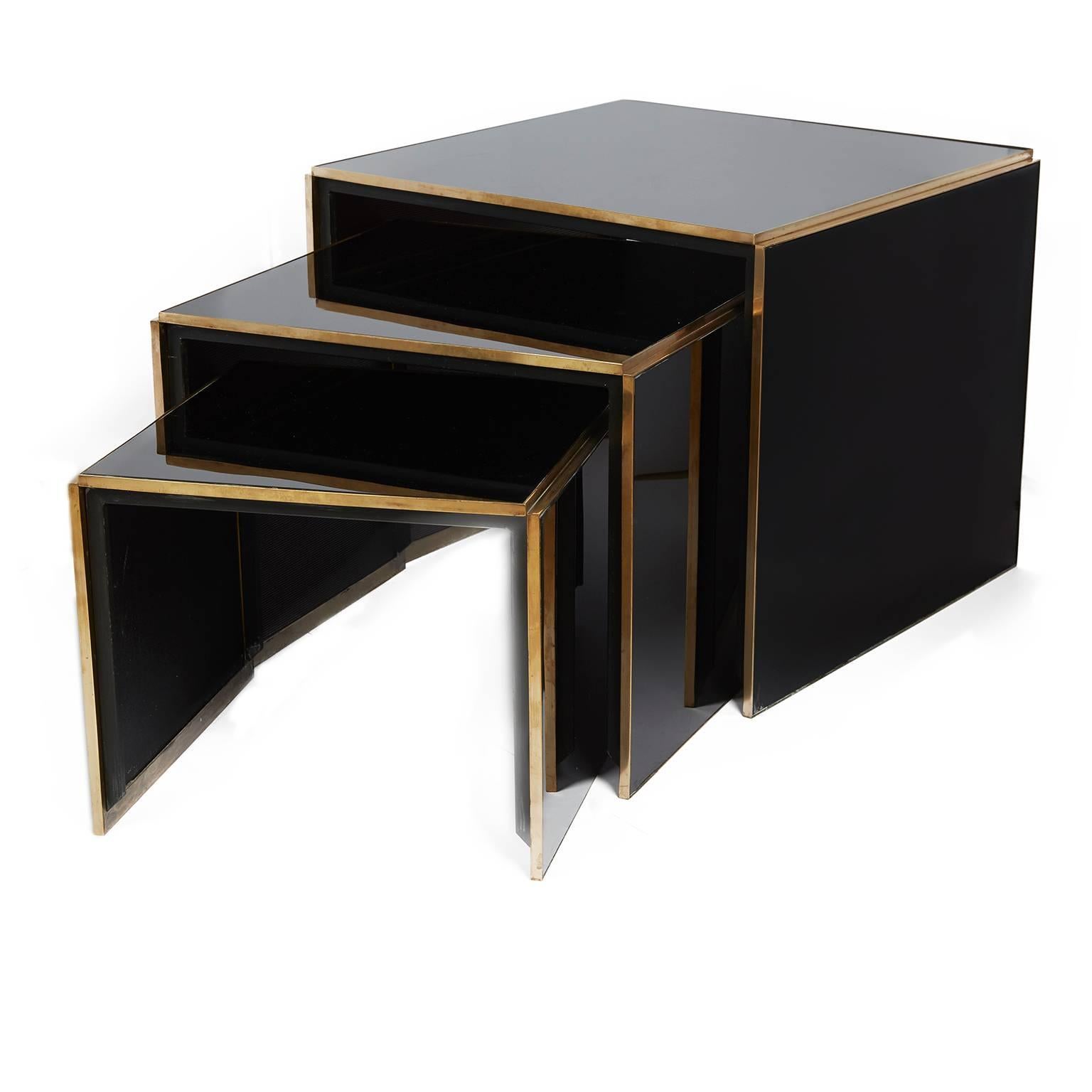 Acrylic and Brass Nest of Three Tables For Sale