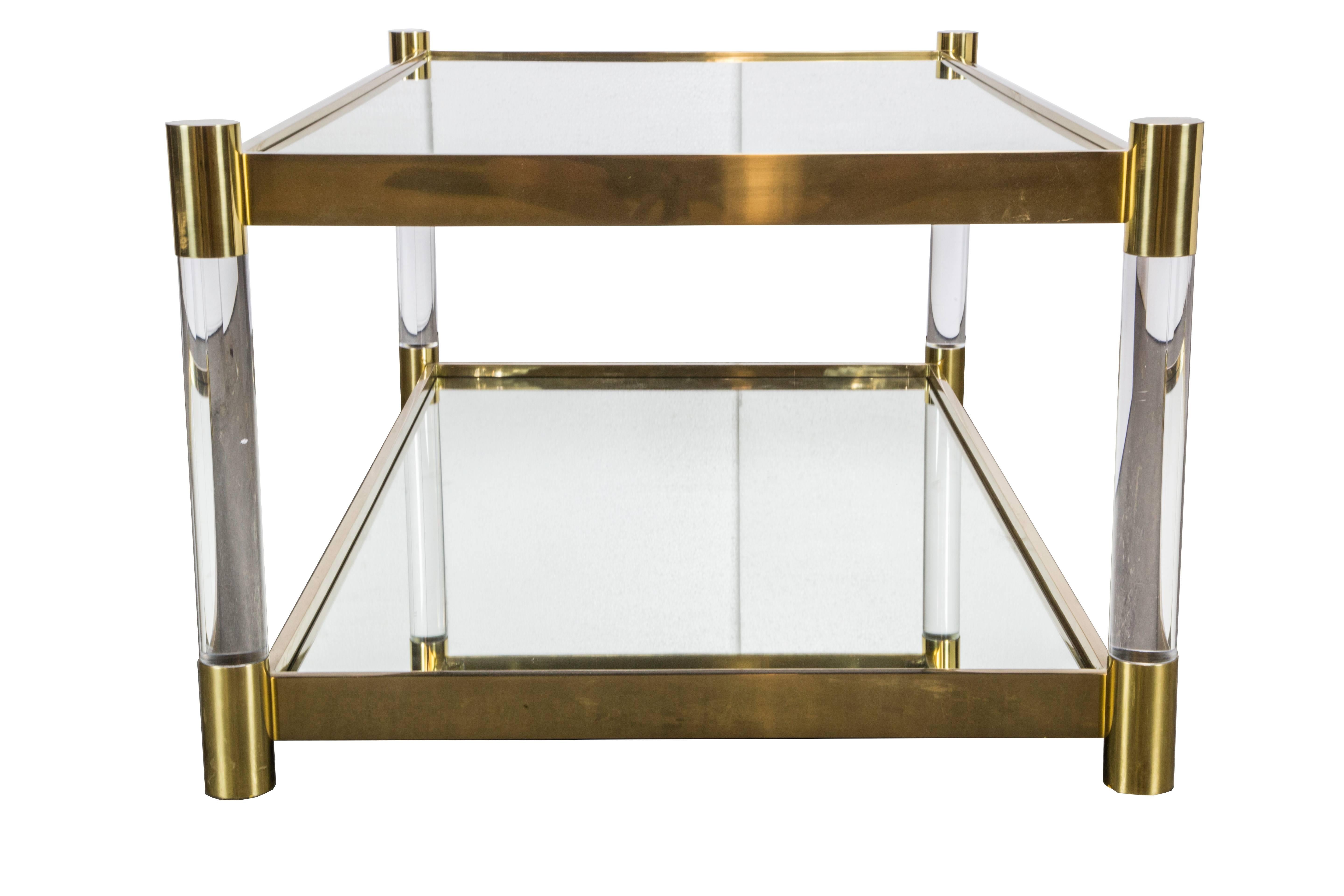 Mid-Century Modern Brass and Lucite Tube Cocktail Table with Mirrored Glass For Sale
