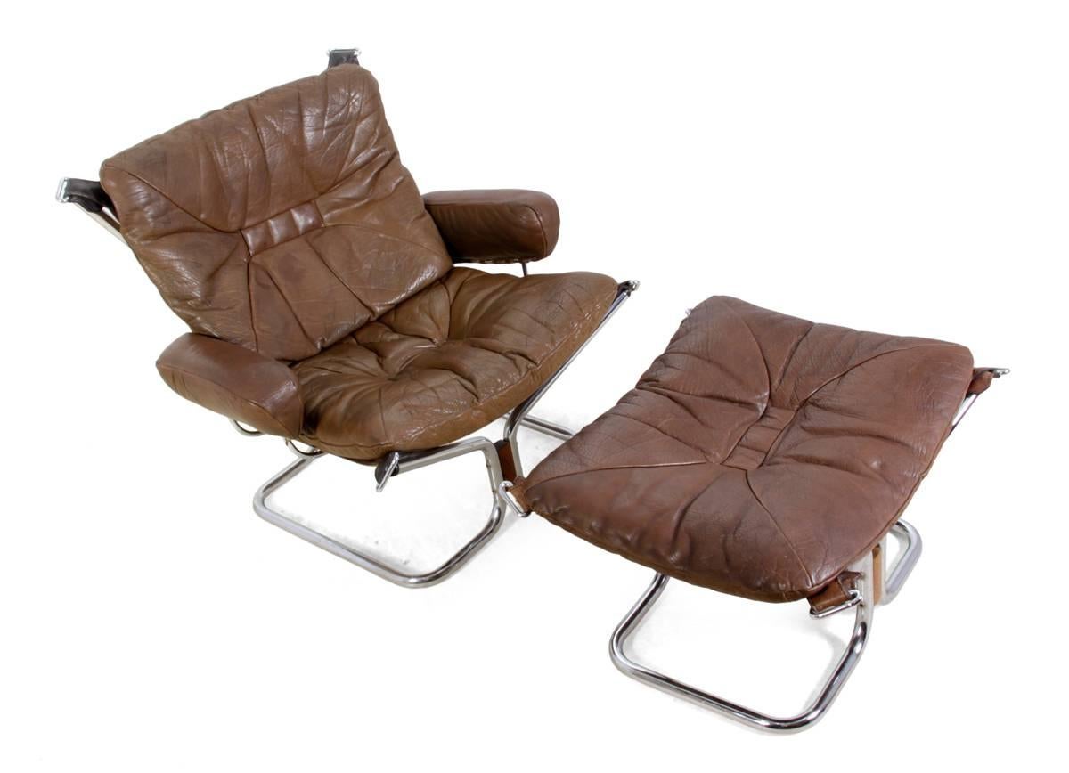 Mid-Century Modern Leather Chair and Stool by Ingmar Relling for Westnofa, circa 1970