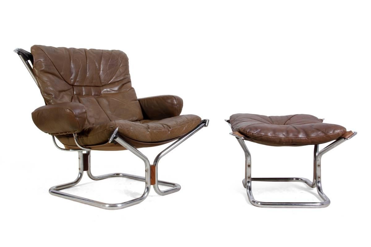 Chrome Leather Chair and Stool by Ingmar Relling for Westnofa, circa 1970