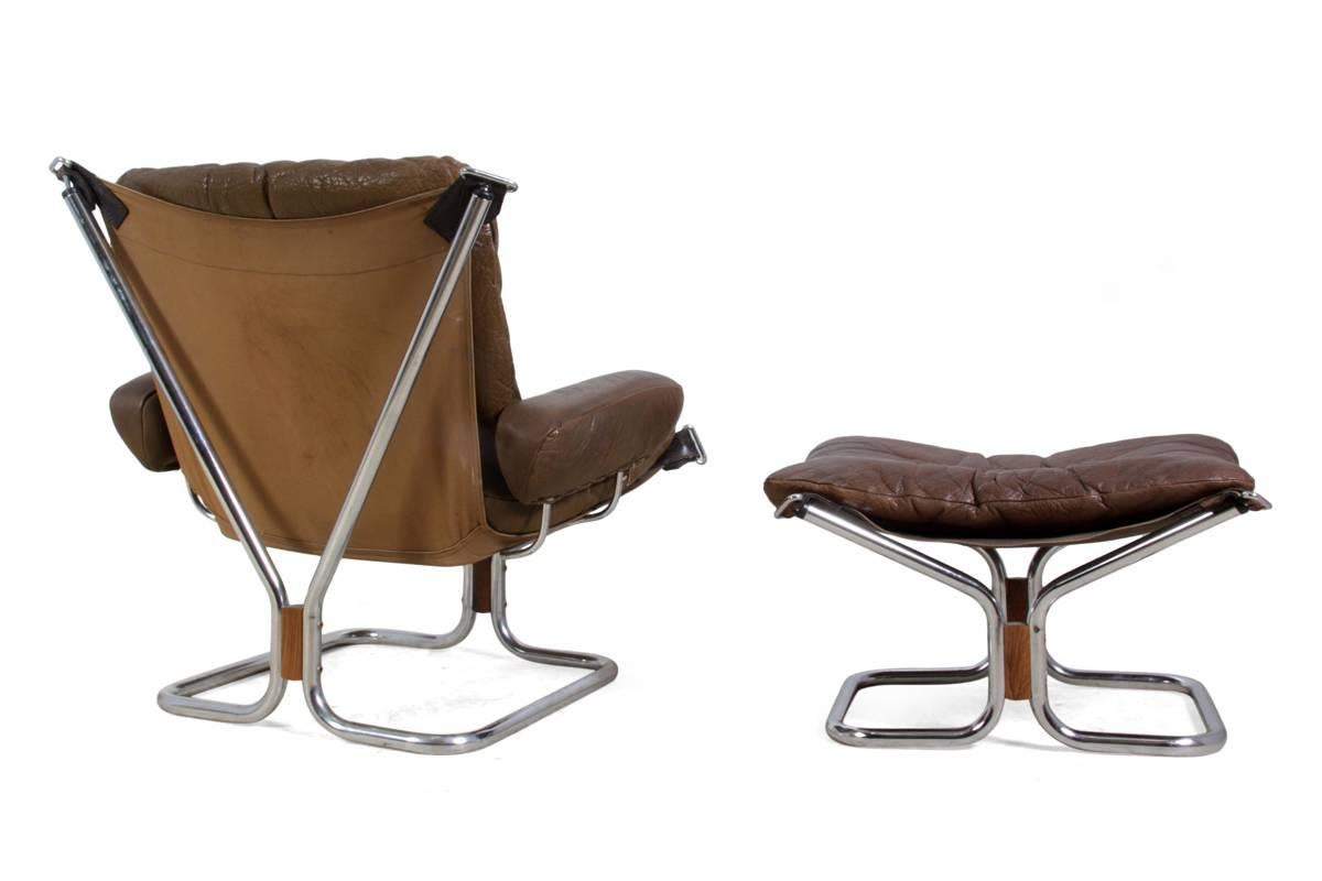 Late 20th Century Leather Chair and Stool by Ingmar Relling for Westnofa, circa 1970