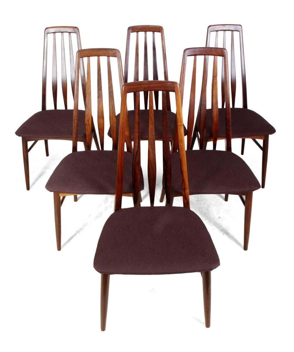 Rosewood EVA dining chairs by Koefods Hornslet.
A set of six Mid-Century, side dining chairs, produced in solid rosewood by Koefds Hornslet in the 1960s in Denmark. The frames are in excellent condition, all are solid with minimal wear for their