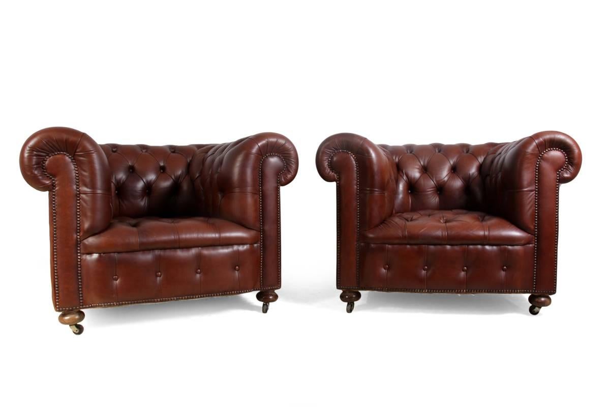 American Classical Pair of Vintage Leather Chesterfield Club Chairs