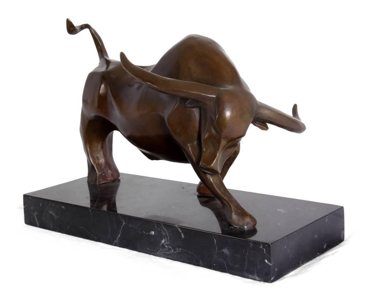 Late 20th Century Bronze Sculpture of Bull on Marble Base