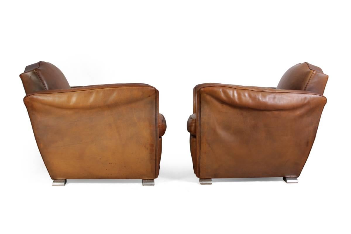 Art Deco Pair of French Leather Club Chairs