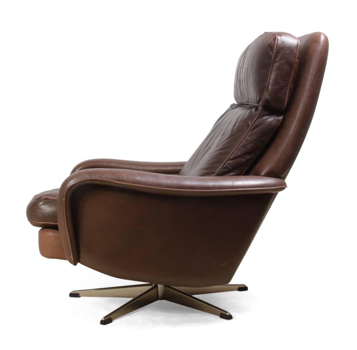 Danish Leather Reclining Swivel Man Cave Chair, circa 1970 at 1stDibs