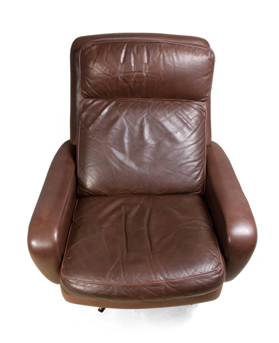Danish Leather Reclining Swivel Man Cave Chair, circa 1970 at 1stDibs