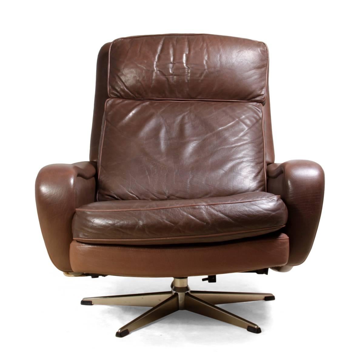Danish Leather Reclining Swivel Man Cave Chair, circa 1970 at 1stDibs