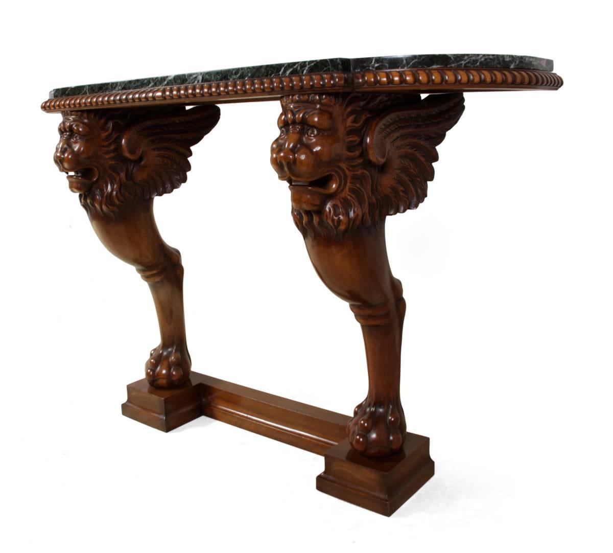 Empire Lion Console Table in Carved Walnut and Marble