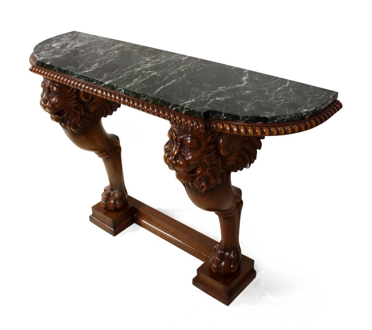 French Lion Console Table in Carved Walnut and Marble