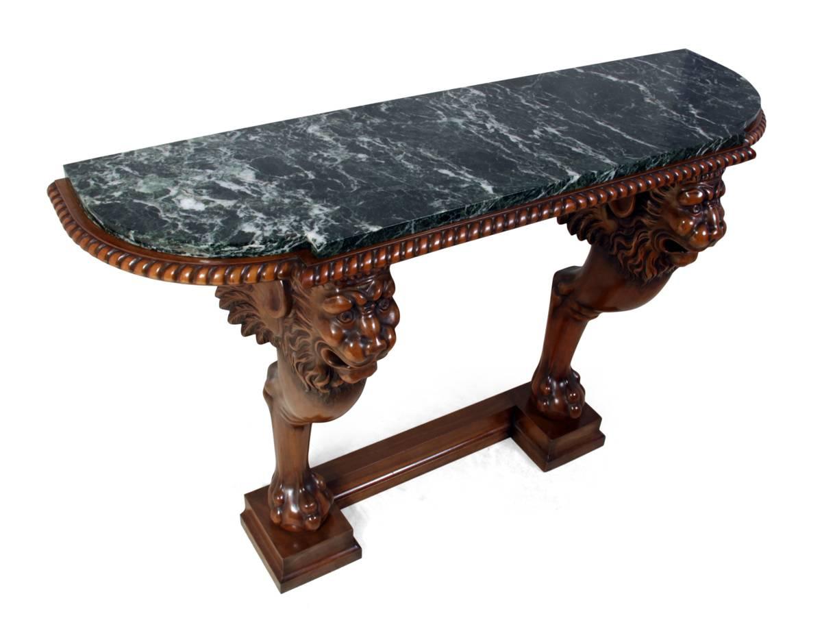 Early 20th Century Lion Console Table in Carved Walnut and Marble