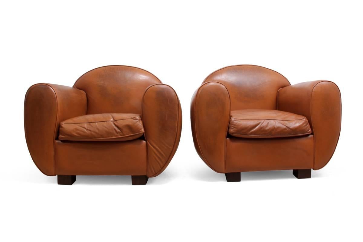 A pair of Art Deco style leather club chairs
This pair of leather chairs were produced in France in the 1960s they are made from good quality thick hide leather and have a solid hardwood frame
Age: 1960
Style: Art Deco
Material: