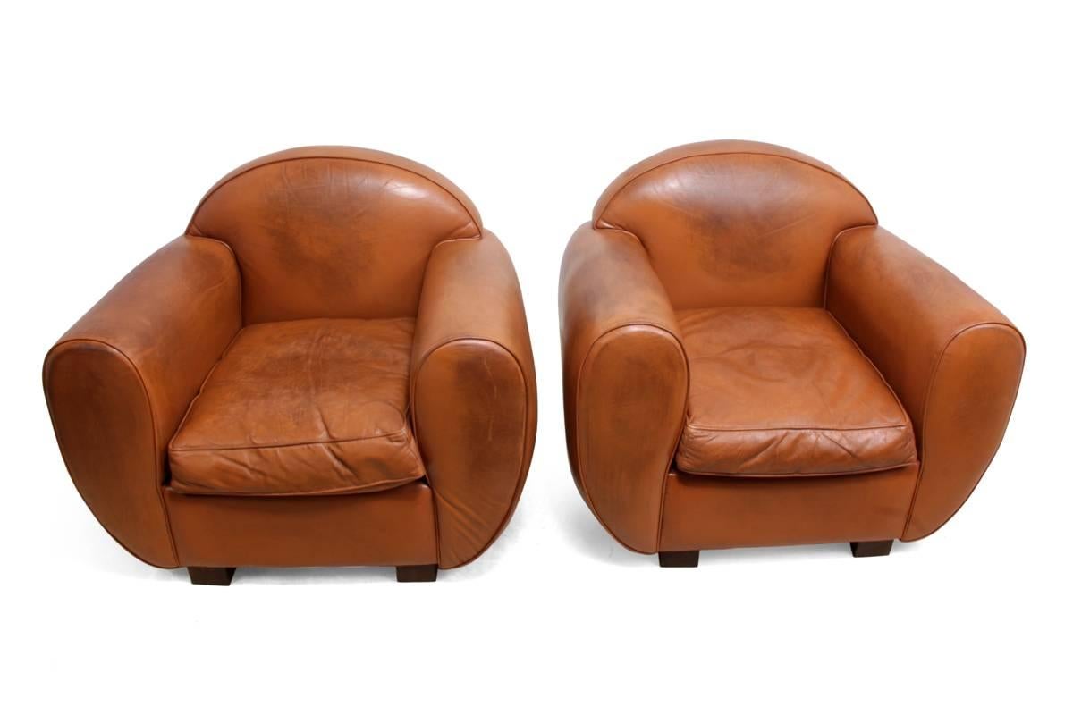 French Pair of Art Deco Style Leather Club Chairs