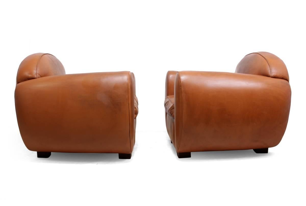 Mid-20th Century Pair of Art Deco Style Leather Club Chairs