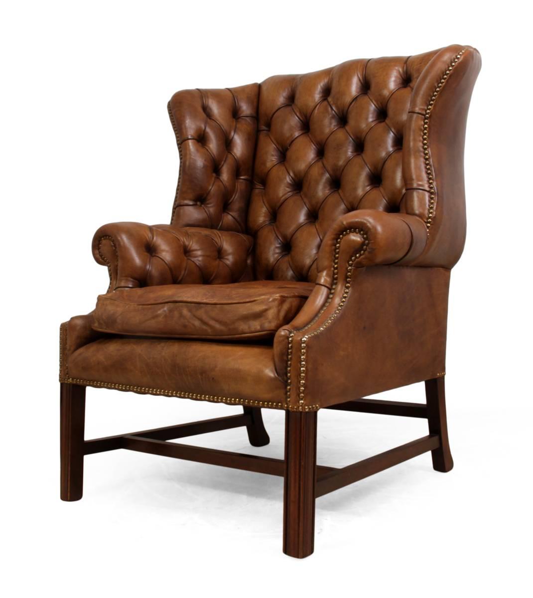 Mid-20th Century Vintage Leather Wing Chair
