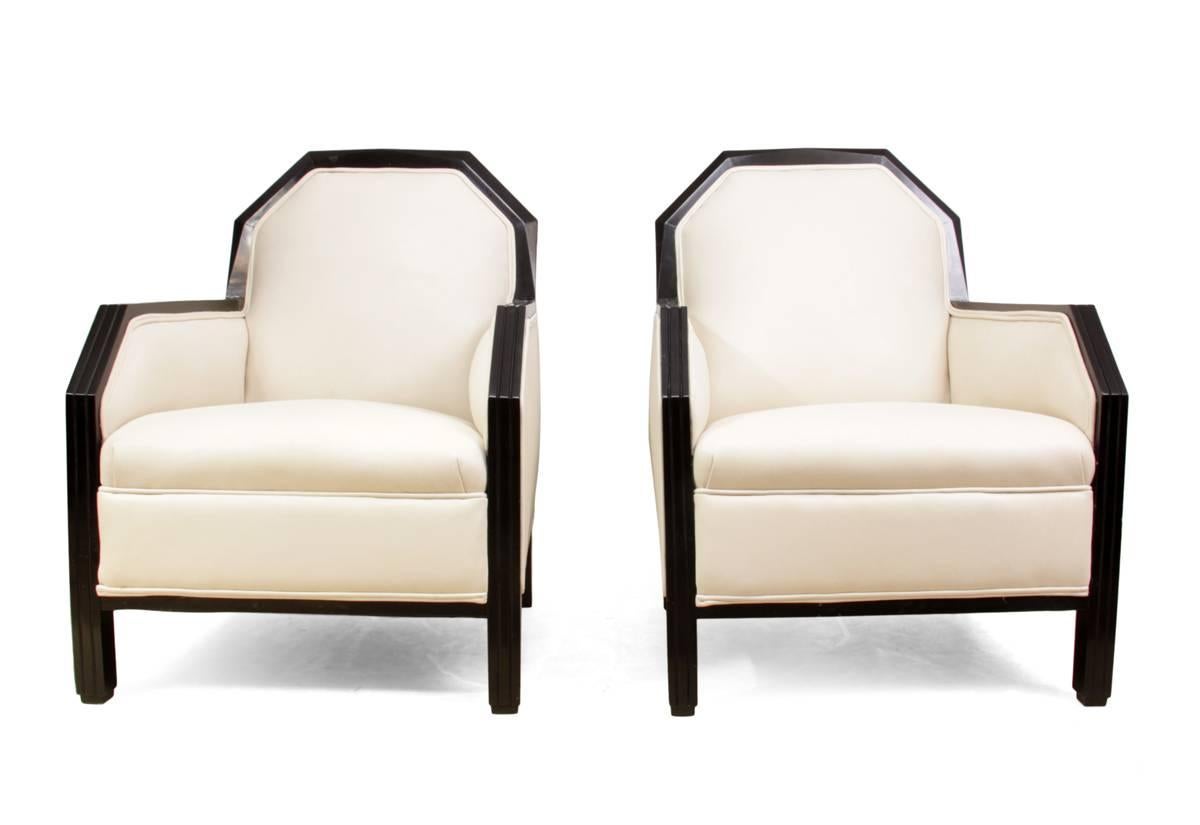 Ebonized French Art Deco Leather Chairs, circa 1930