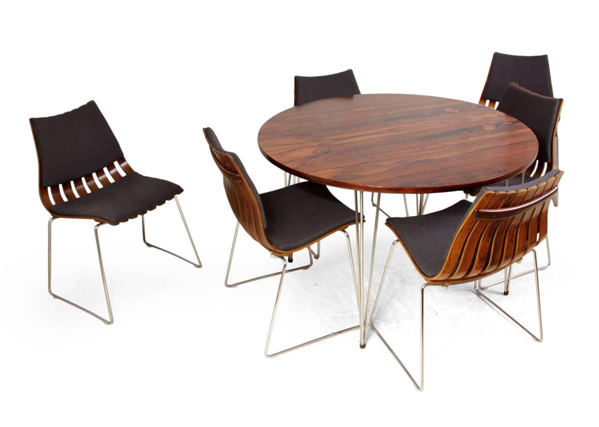 Norwegian Hans Bratrud Rosewood Dining Table and Six Scandia Chairs, circa 1960