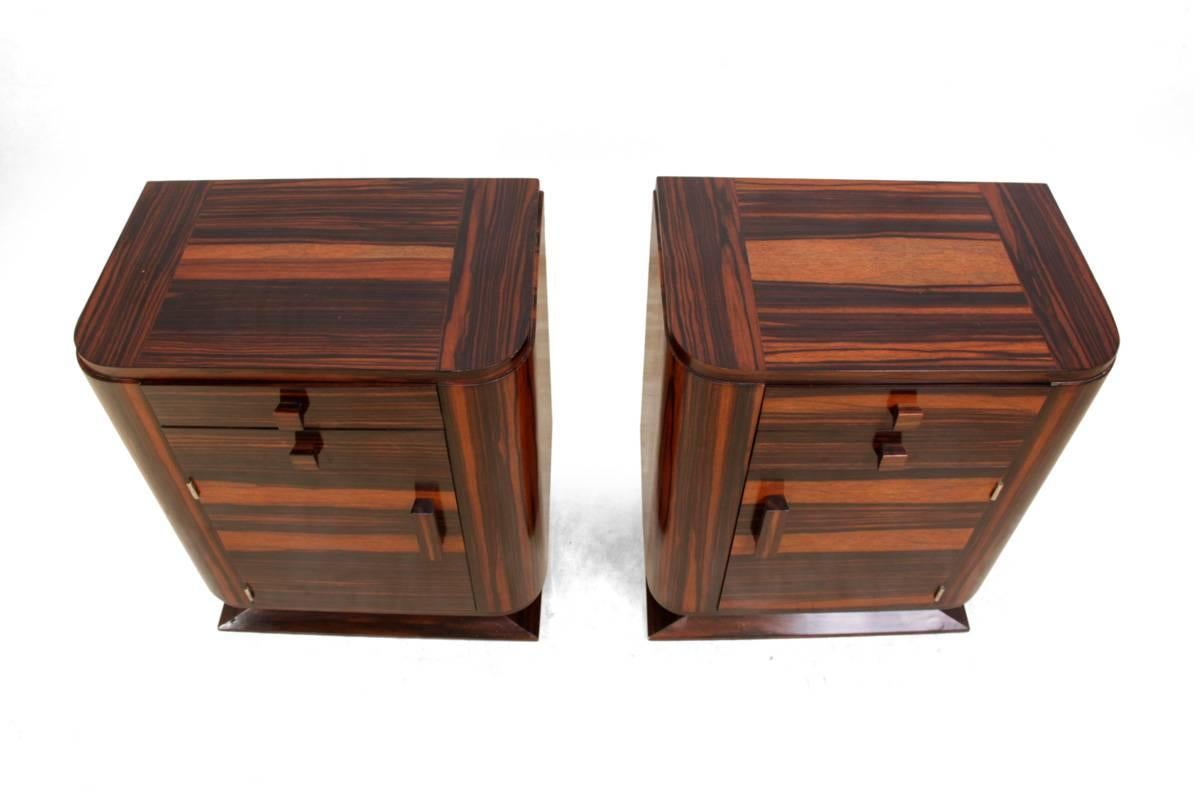 Art Deco bedside cabinets in Macassar ebony
a pair of Art Deco Macassar ebony bedside cabinets, with two drawers and cupboard below the cabinets have been professionally restored and hand polished and are in excellent condition throughout
Age: