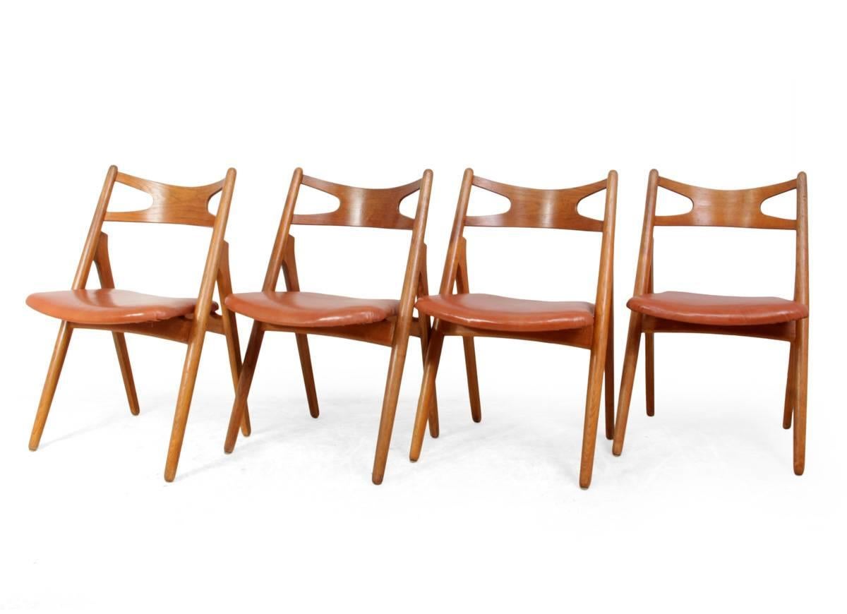 Leather Oak Saw Back Chairs by Hans J Wegner, circa 1960