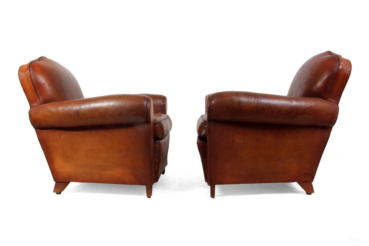 Mid-20th Century Pair of French Leather Club Chairs