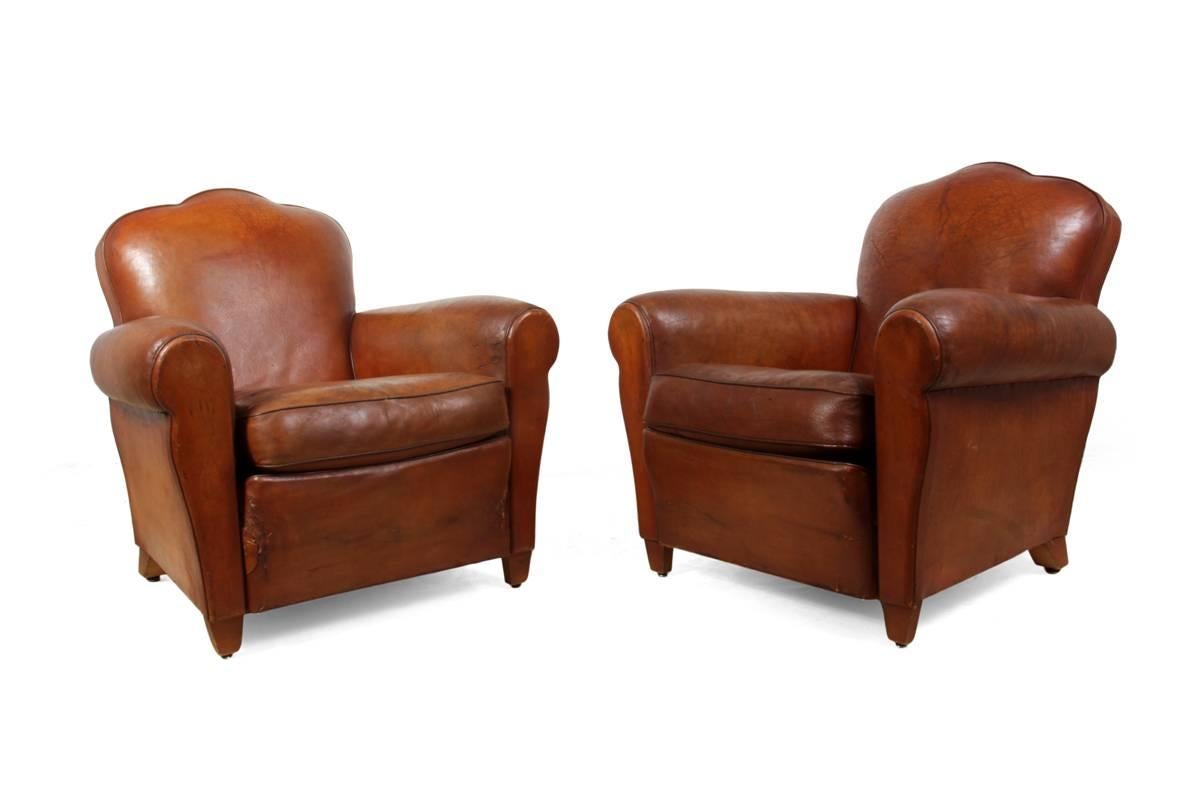 Pair of French Leather Club Chairs In Good Condition In Paddock Wood, Kent