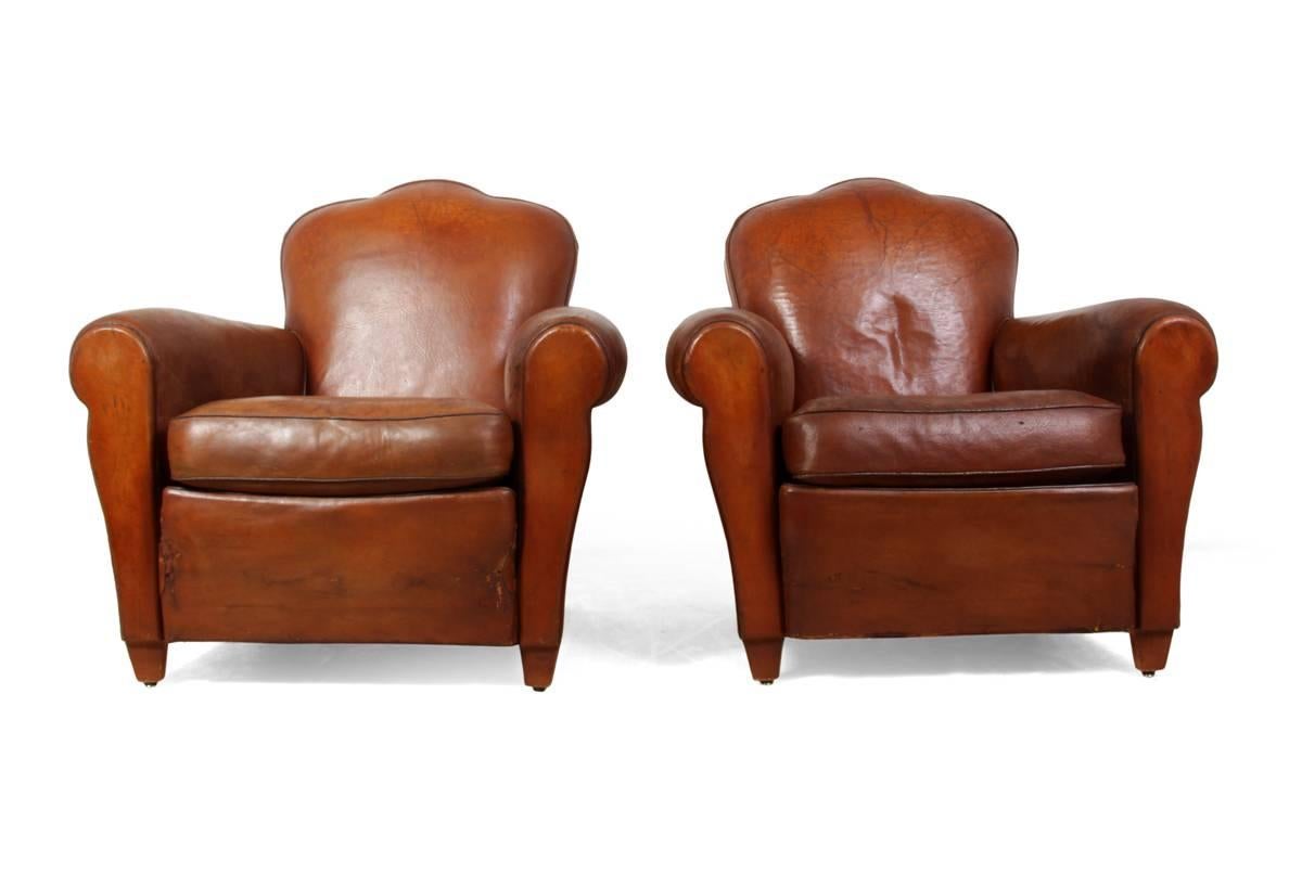 Pair of French leather club chairs
This Art Deco pair of club chairs have had the leather fully conditioned and fed to strengthen and soften the leather, the chairs are in very good all round condition, the seat springs are soft there has been a
