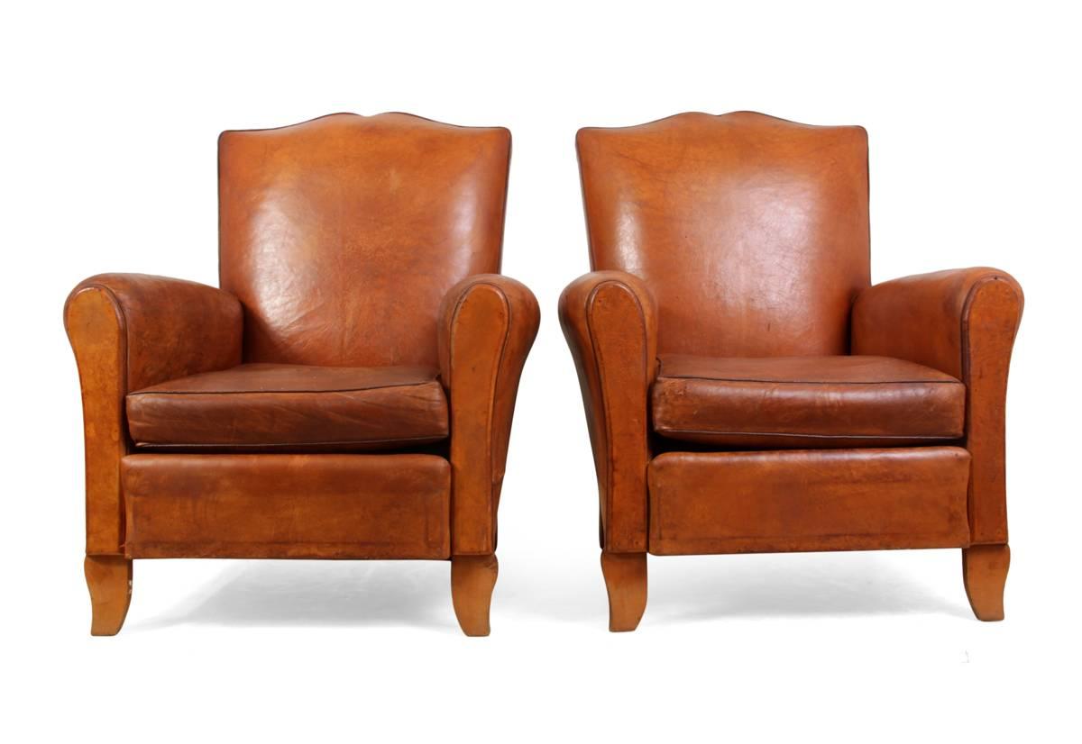 Mid-20th Century Pair of Moustache Back French Leather Club Chairs