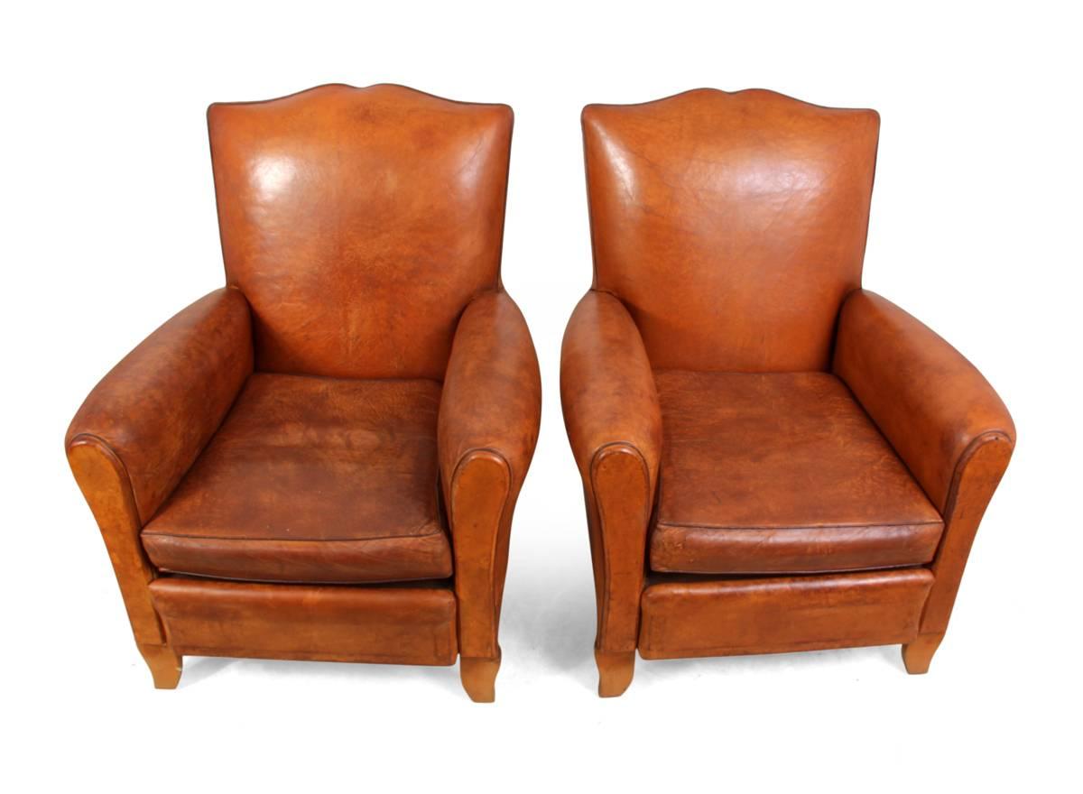 Pair of Moustache Back French Leather Club Chairs 1