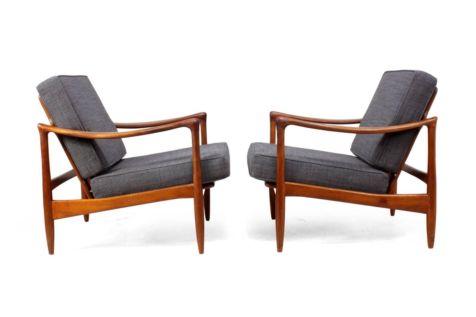 Wool Pair of Danish Teak Armchairs