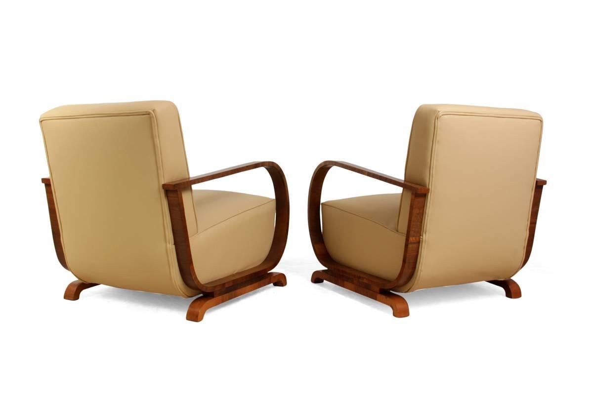 Mid-20th Century Art Deco Armchairs in Walnut and Leather, circa 1930
