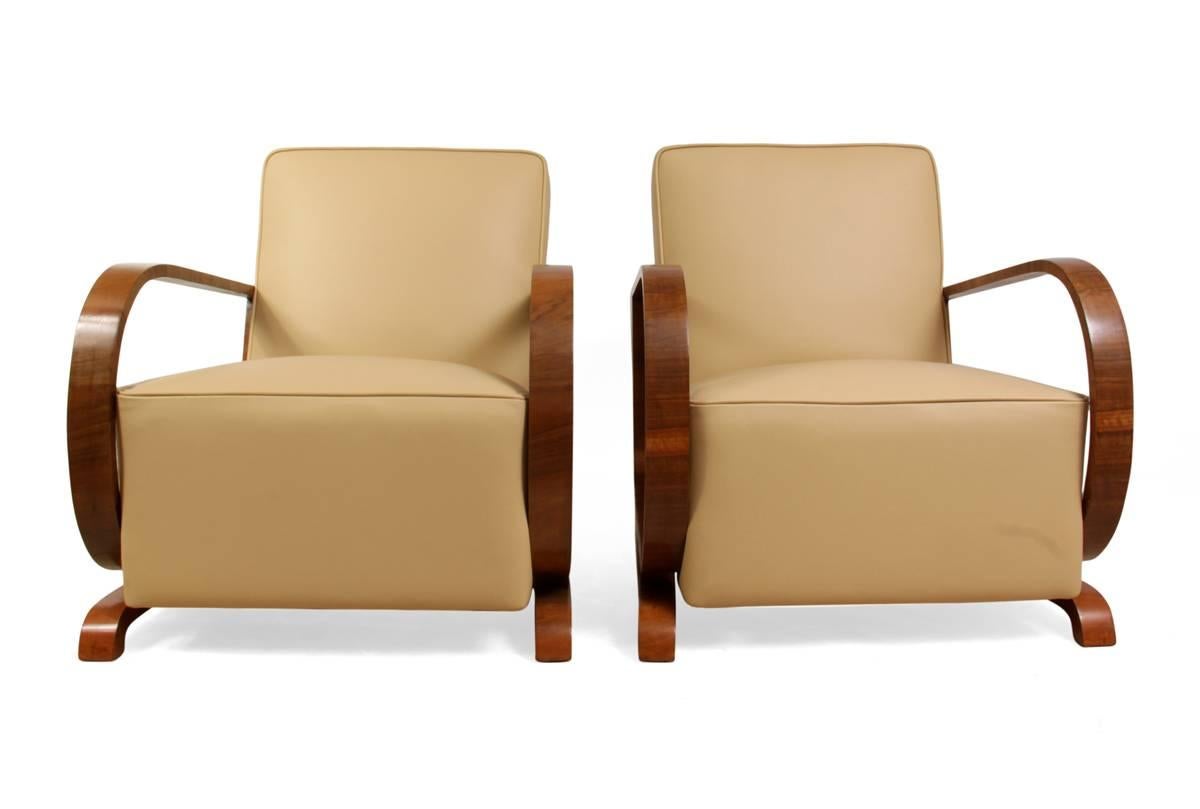 Art Deco Armchairs in Walnut and Leather, circa 1930 5
