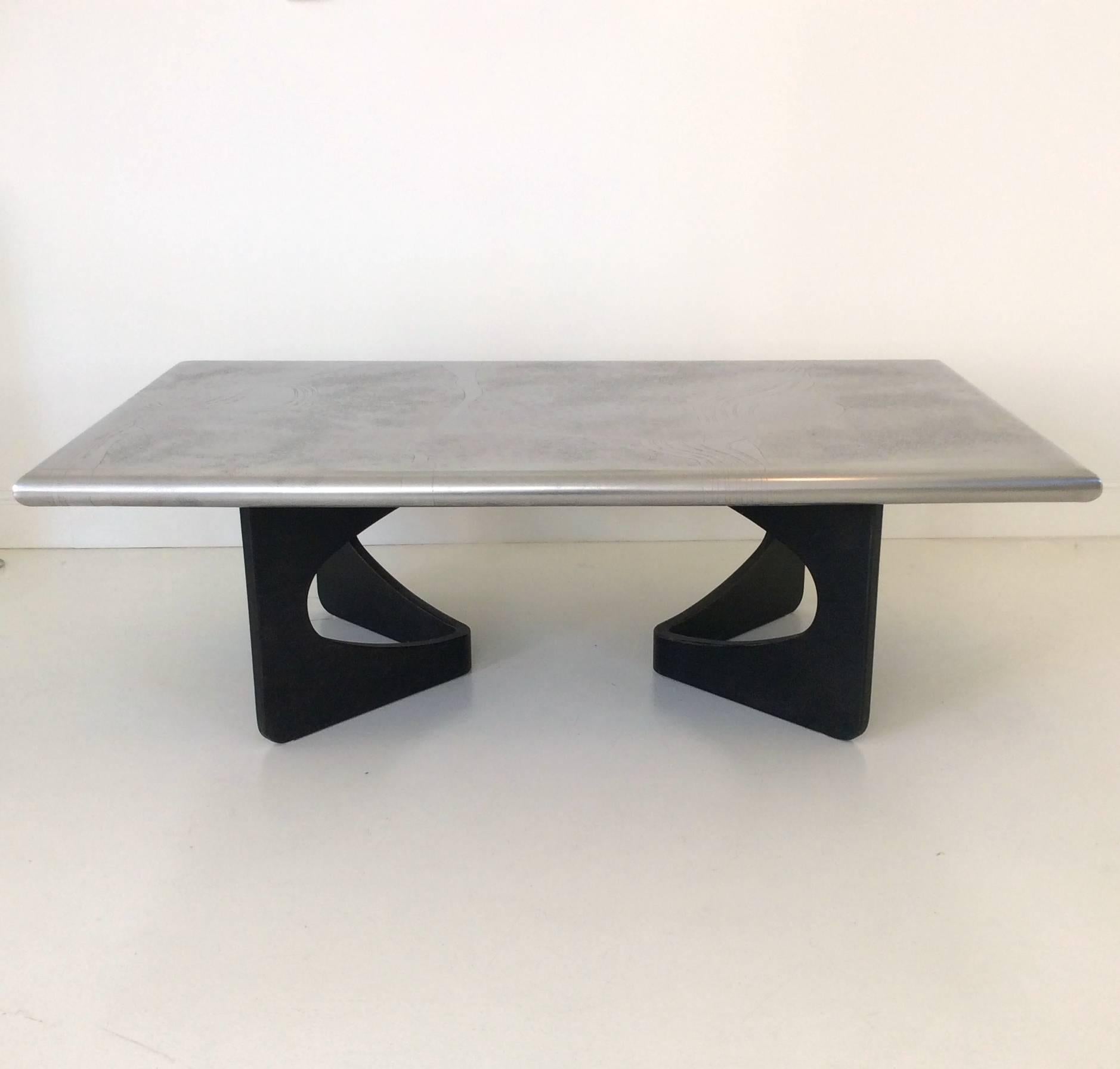 Abstract motif acid etched aluminium coffee table, circa 1970, Germany.
Designed by Hans Kelbeck.
Measures: W 140 cm, D 80 cm, H 45 cm.
Good original condition.
 