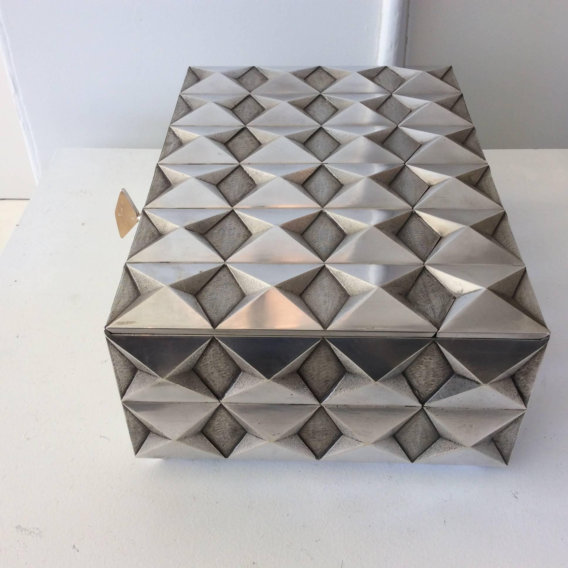 French Precious Diamond Point Silver Plated Metal Box, 1970s, France