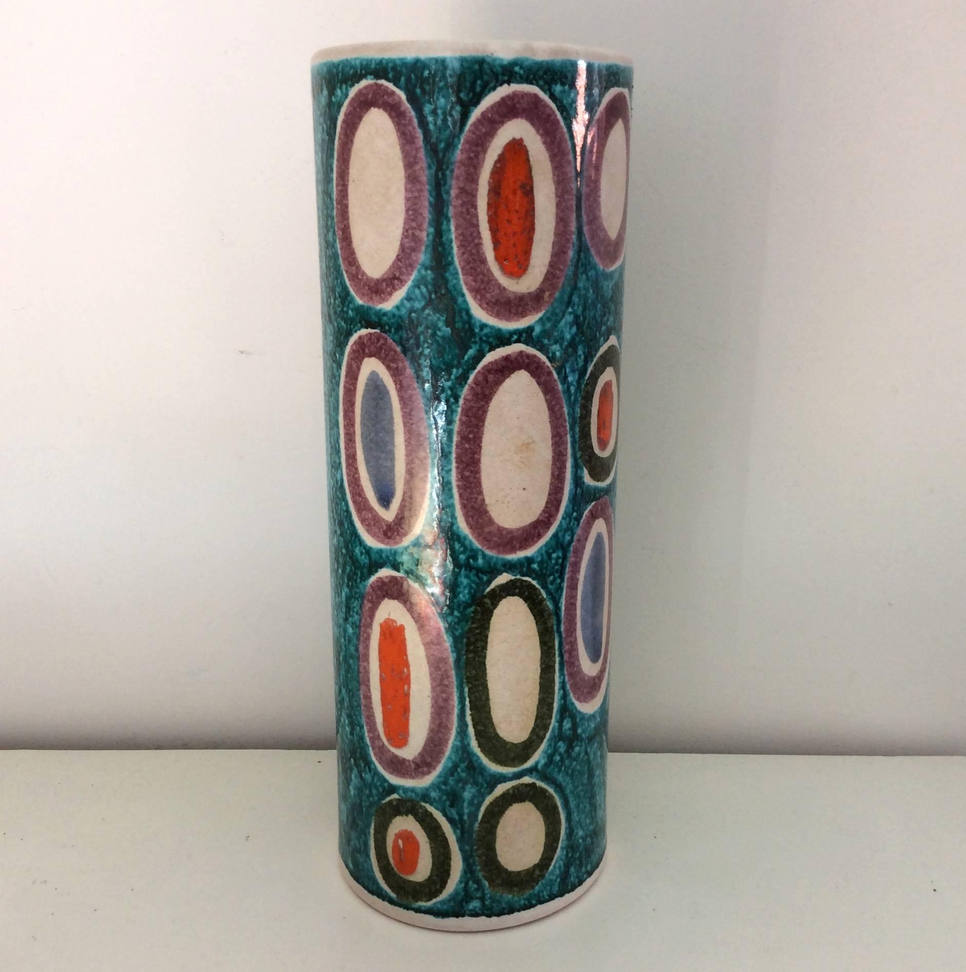 Nice large abstract cylindric vase, circa 1960 Italy, attributed to Ettore Sottsass for Bitossi.