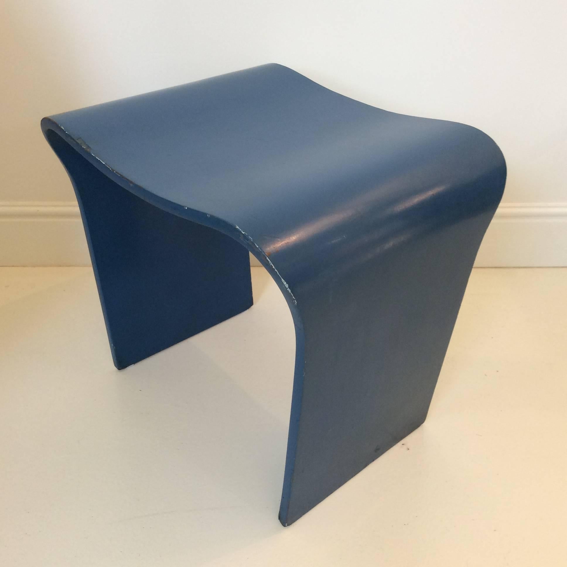 European Original Blue Lacquered Modernist Plywood Stool, circa 1925