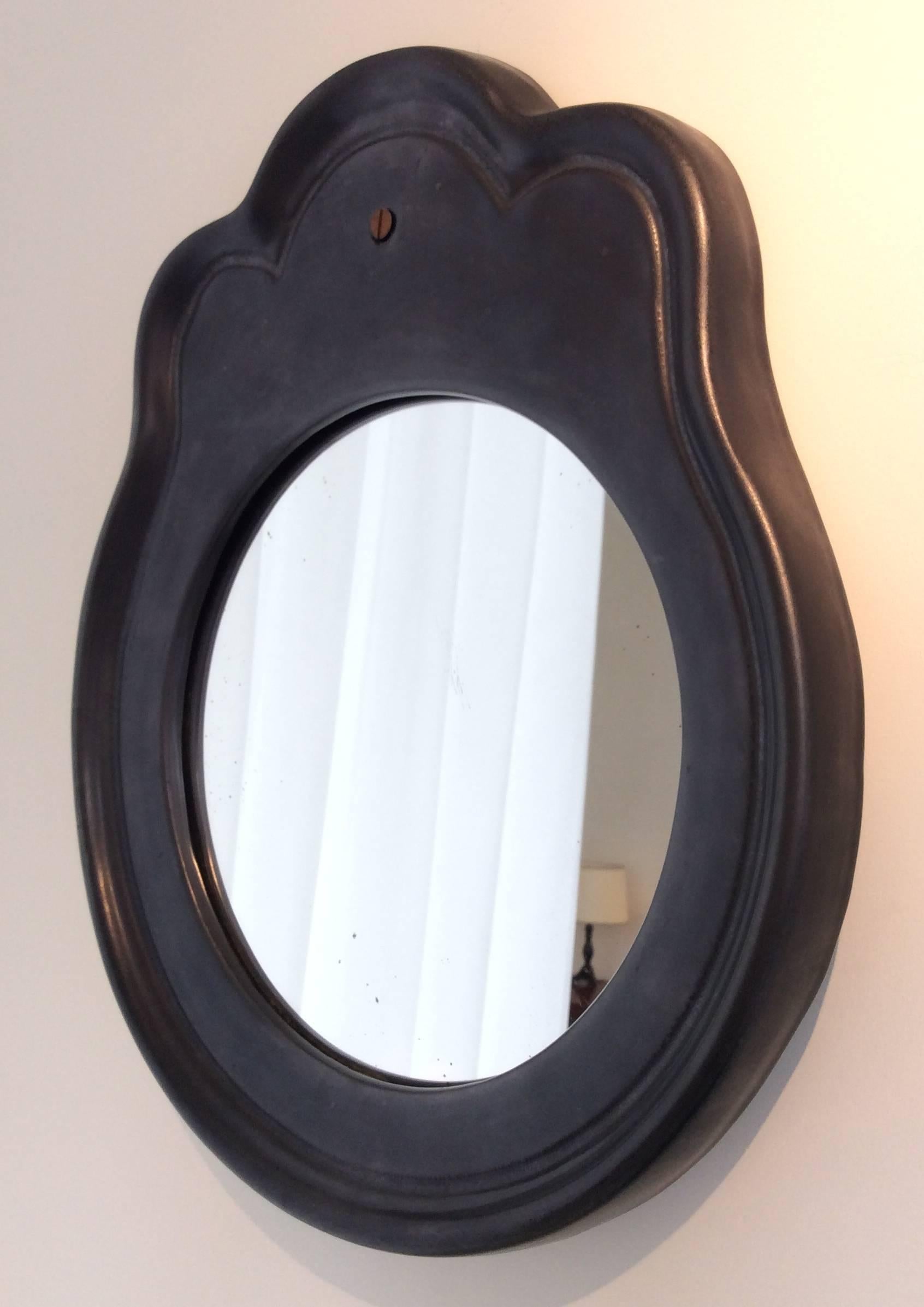 French Black Ceramic Mirror, circa 1950, France