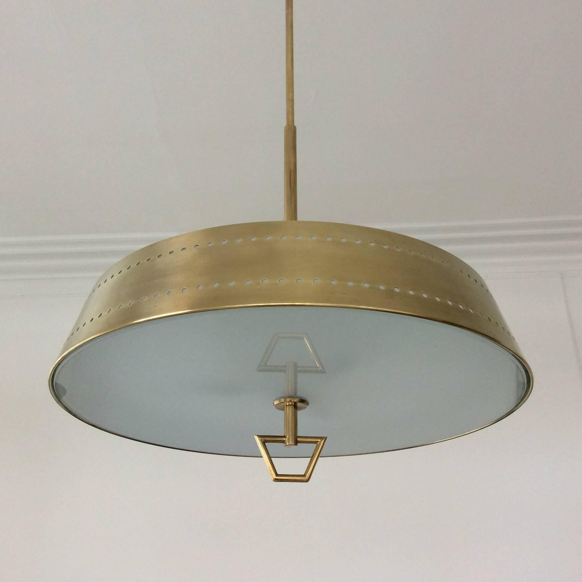 Frosted Stilnovo Brass Hanging Lamp, Italy, circa 1950