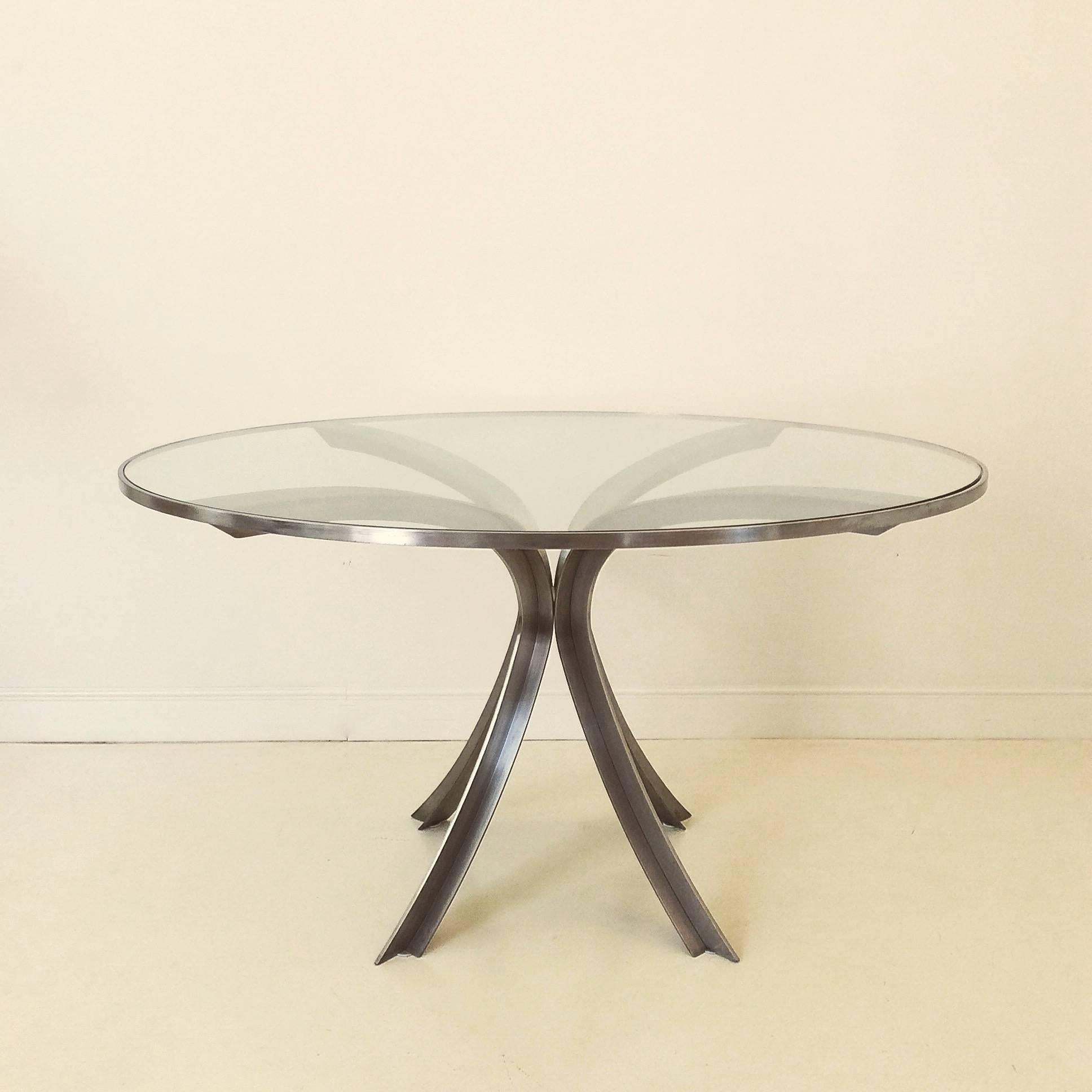 Mid-Century Modern Xavier Feal Round Table, Brushed Steel, circa 1970, France