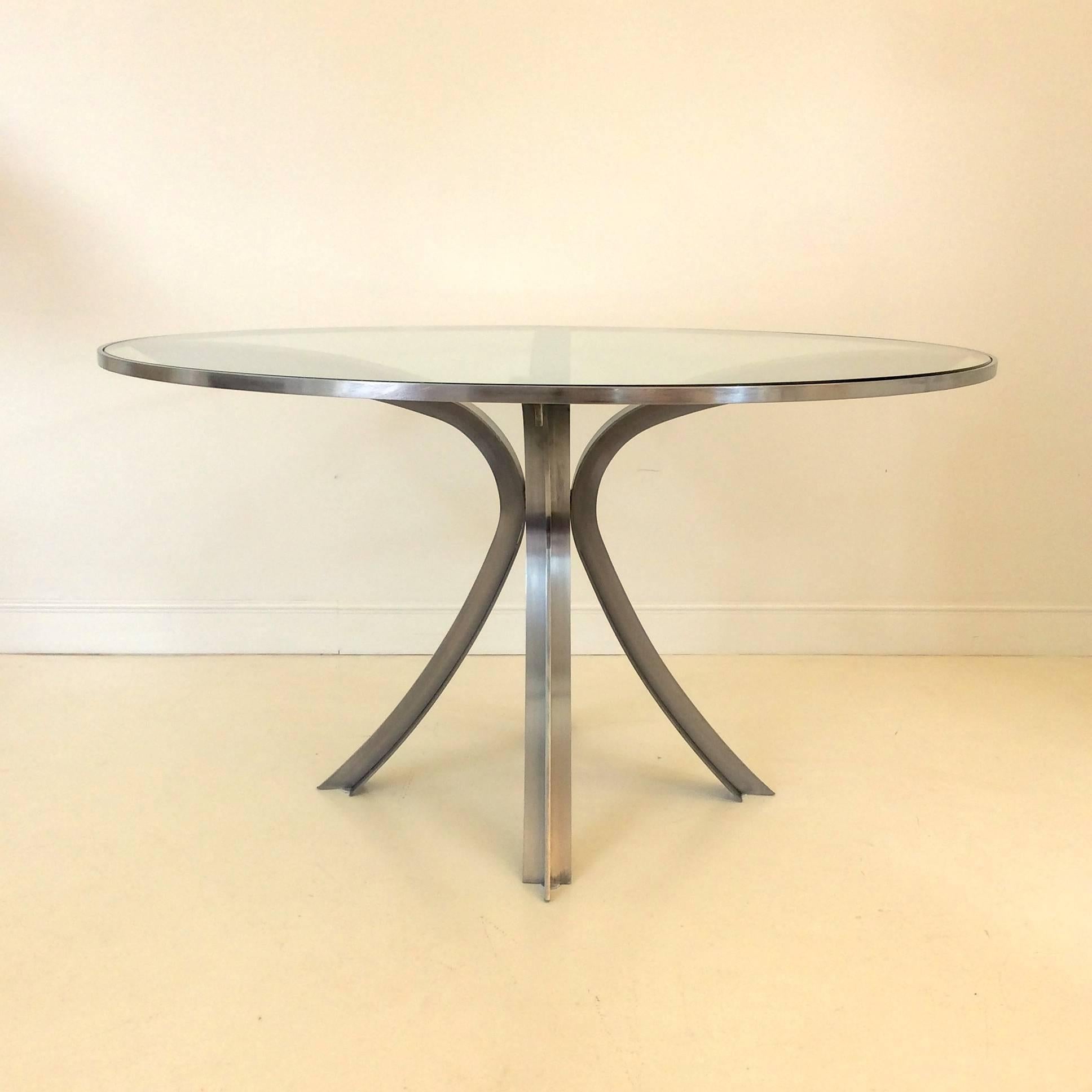 French Xavier Feal Round Table, Brushed Steel, circa 1970, France