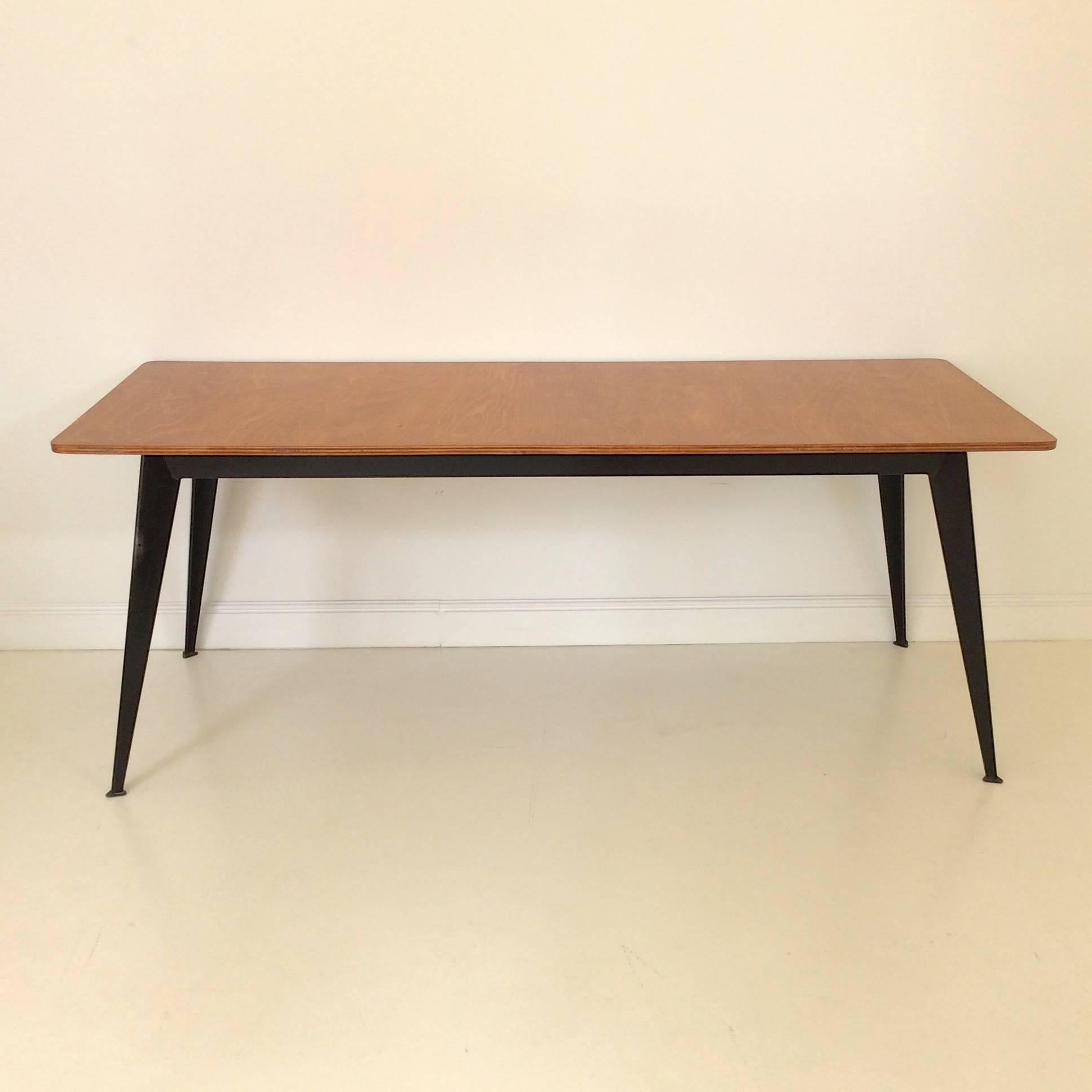 Rare Willy Van Der Meeren dining table for Tubax, 1954, Belgium.
Very small production.
Birch multiplex top and black lacquered metal structure.
Dimensions: W 183 cm, D 70 cm, H 73 cm.
Good original condition.