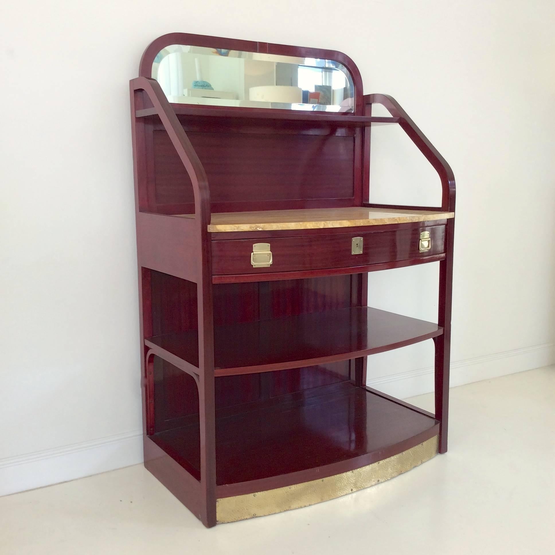 Viennese Secession sideboard by Thonet, circa 1910, Austria.
Bentwood, tinted and varnished beech, brass details.
One drawer, mirror and yellow marble.
Measures: H 150 cm, W 100 cm, D 55 cm.
 