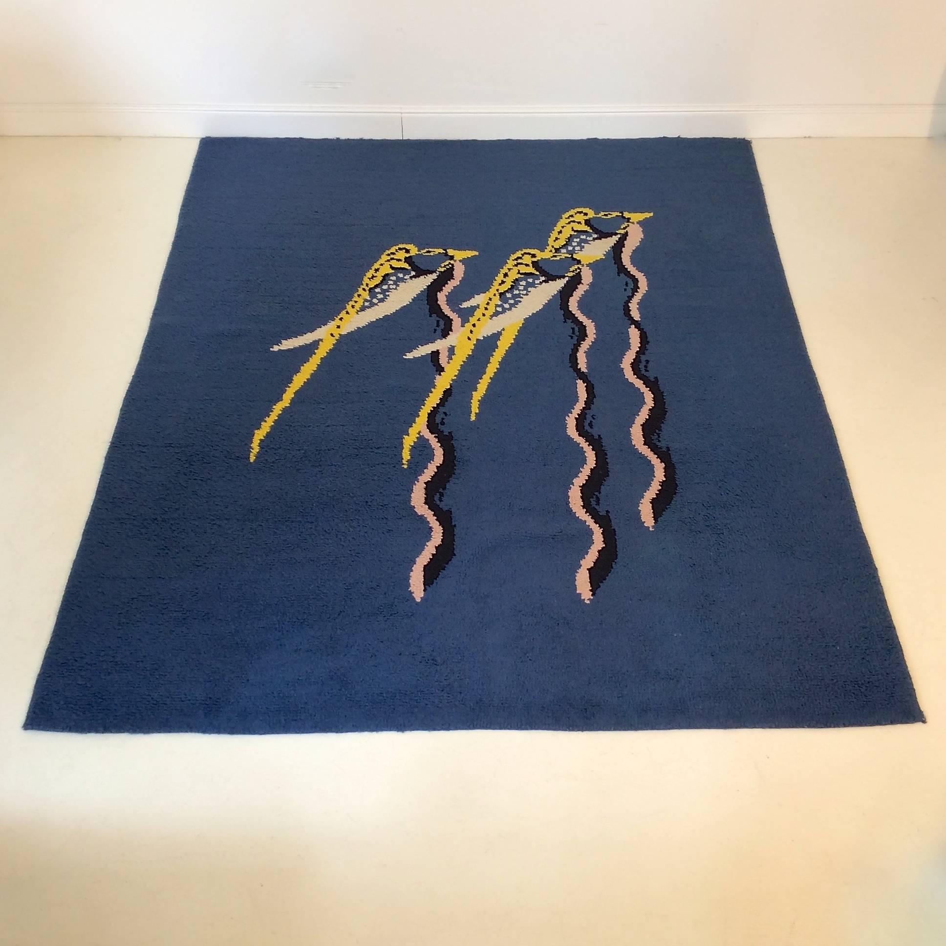 French wool carpet, circa 1930.
Deep blue with swallows decoration.
Yellow, light pink, black and white.
Dimensions: 240 x 195 cm.
Good original condition.