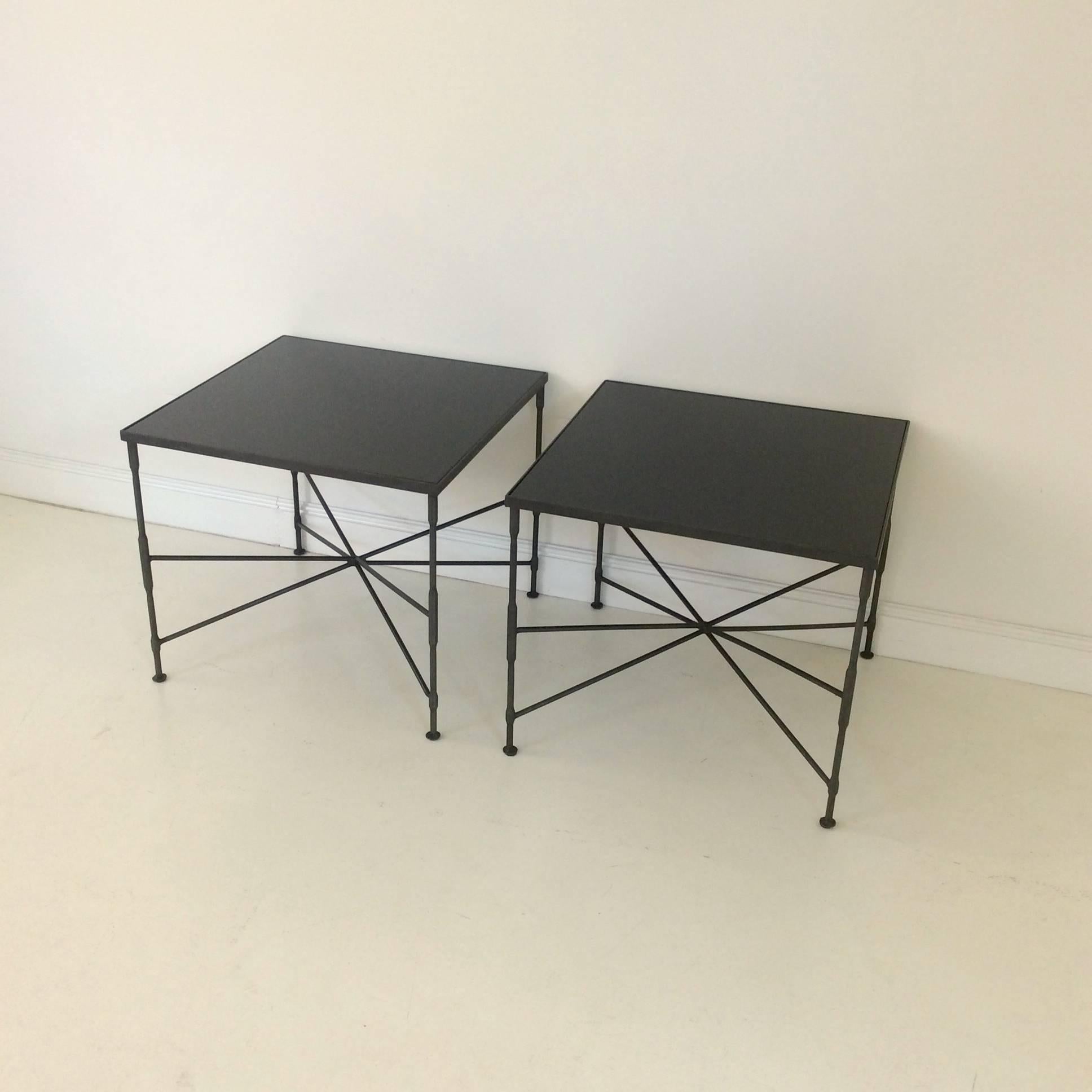 Pair of side tables, circa 1970, France.
Anthracite tubular metal, black glass top.
Dimensions: 52 cm H, 60 cm W, 60 cm D.
Good original condition.
We ship worldwide !
 