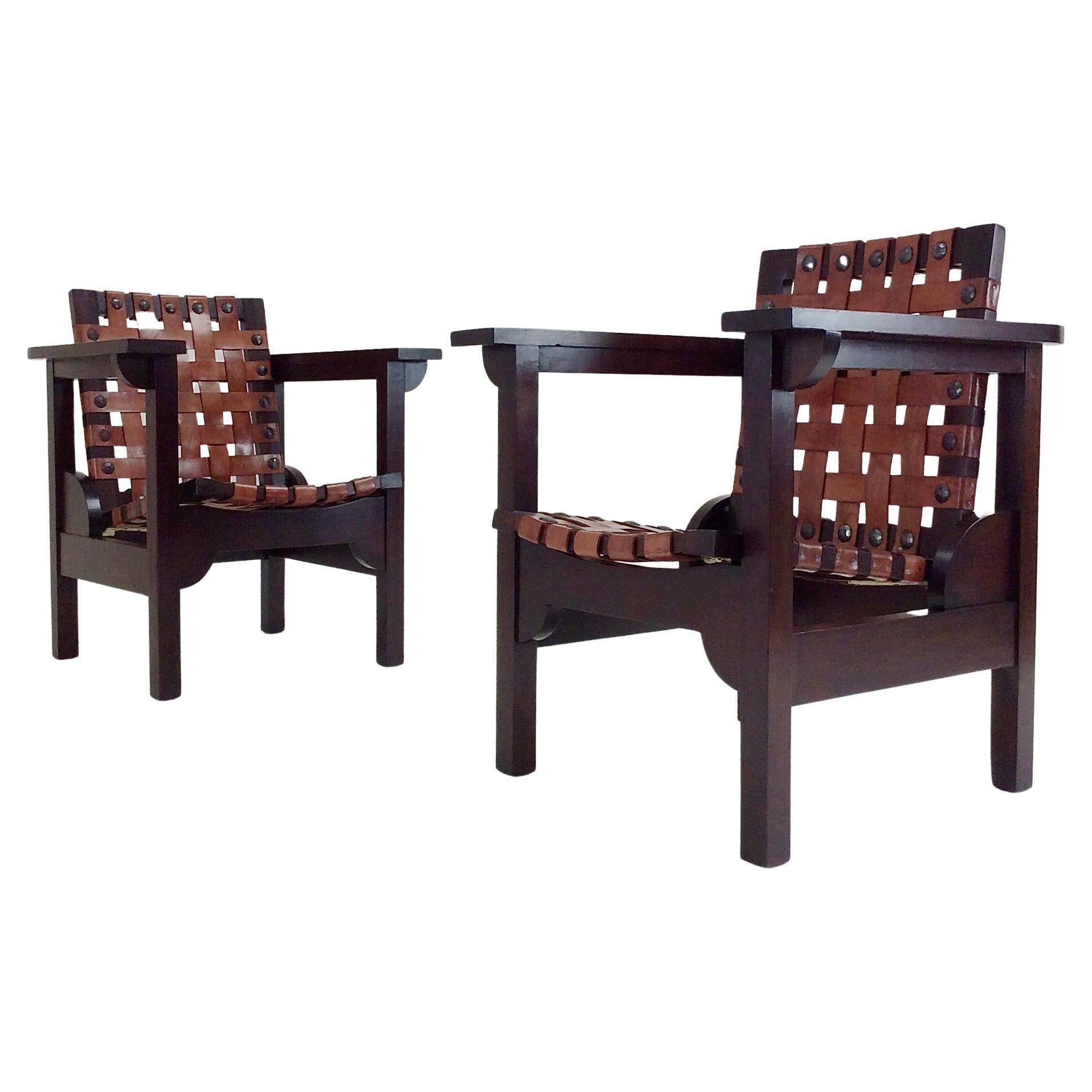 Nice Pierre Dariel armchairs, Hendaye model, circa 1925, France.
Tinted oak and patinated leather, 3 seat-positions.
Dimensions: 81 cm H, seat height: 38 cm , 66 cm W, 62 cm D.
All purchases are covered by our Buyer Protection Guarantee.
This item