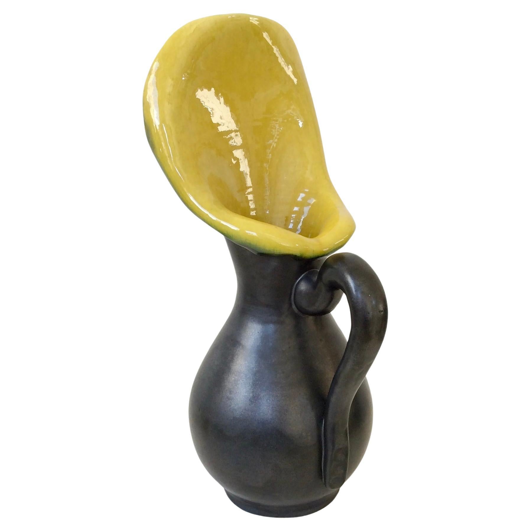 Pol Chambost ceramic jug, 837 model, circa 1950, France.
Black and yellow enameled earthenware.
Dimensions: 40 cm H, 20 cm W, 17 cm D.
Good original condition.
Bibliography: Pol Chambost, Sculpteur-Ceramiste 1906-1983, Somogy Editions