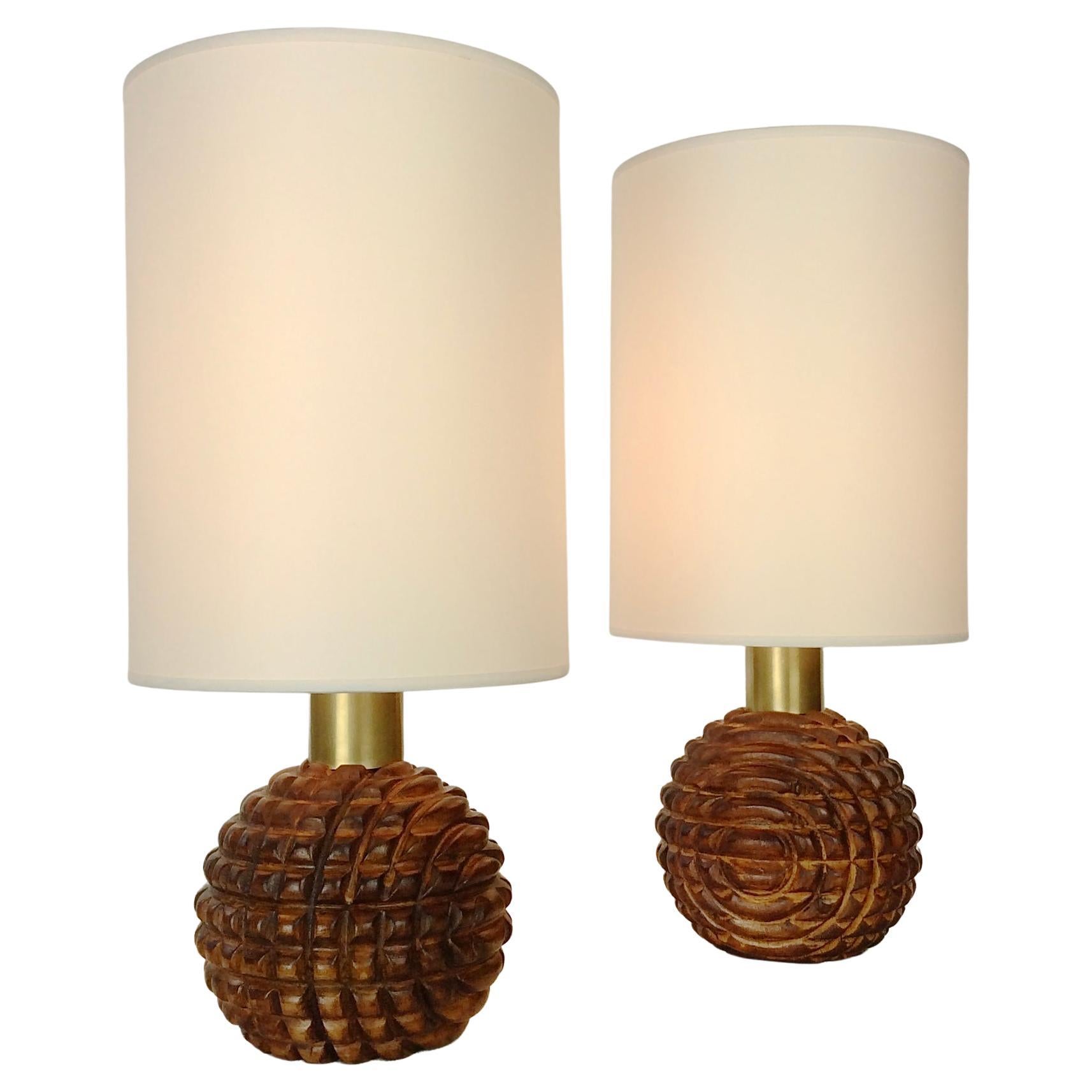 Pair of Carved Wood Table Lamps, circa 1970, Italy