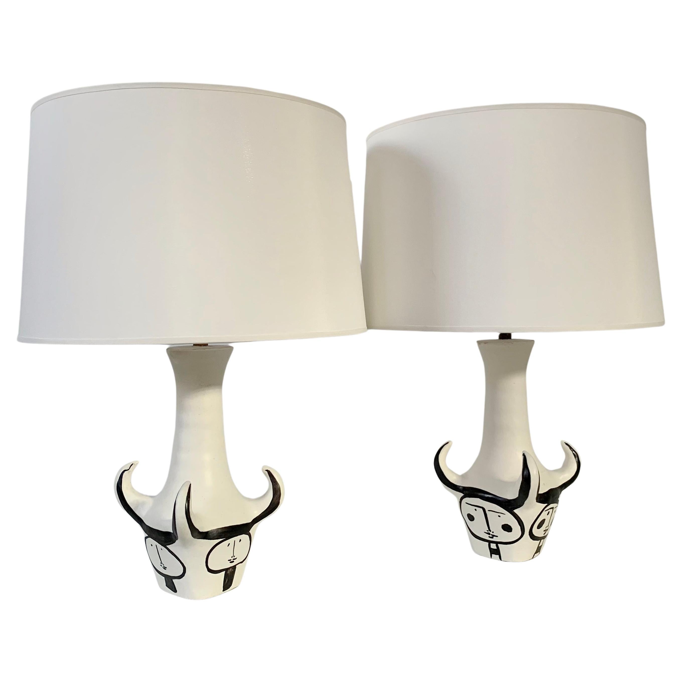 Roger Capron Rare Pair Of 4 Horns Signed Ceramic Table Lamps, c. 1955 France.